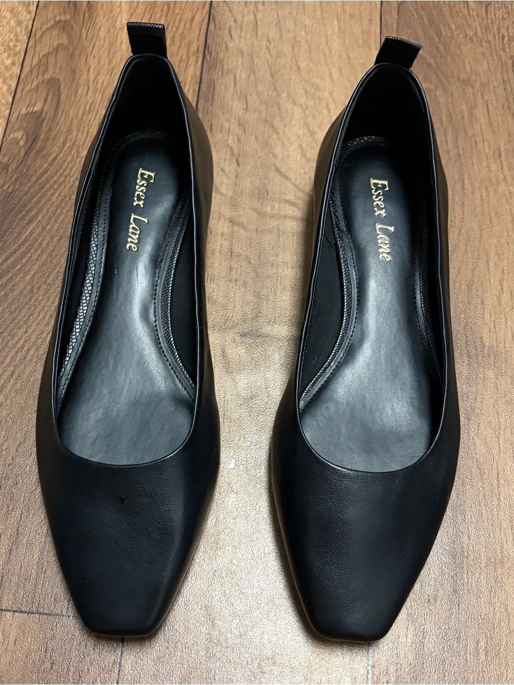 Essex Lane Black Pointed Square-Toe Slip-On Kitten Heels